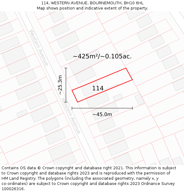 114, WESTERN AVENUE, BOURNEMOUTH, BH10 6HL: Plot and title map