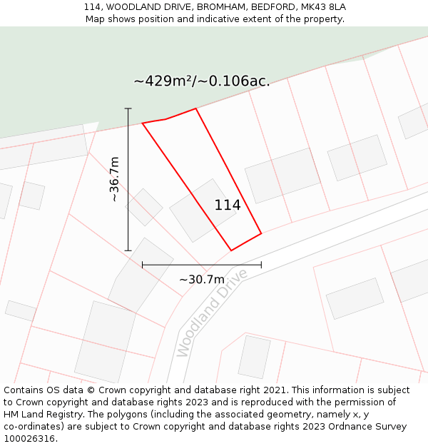 114, WOODLAND DRIVE, BROMHAM, BEDFORD, MK43 8LA: Plot and title map