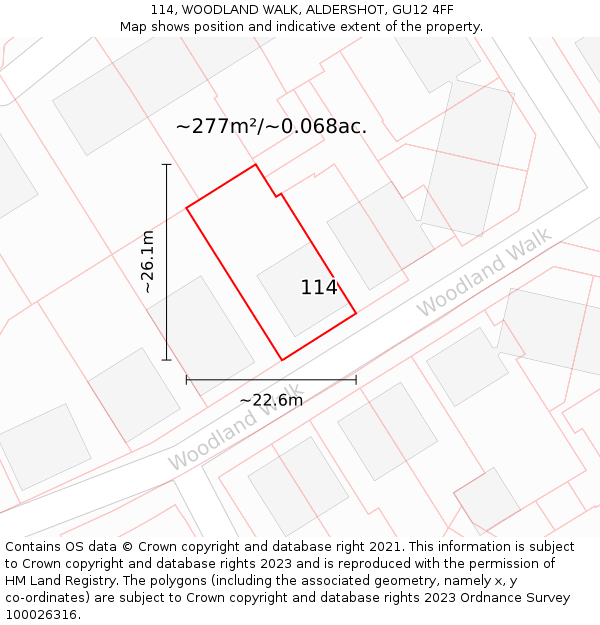 114, WOODLAND WALK, ALDERSHOT, GU12 4FF: Plot and title map