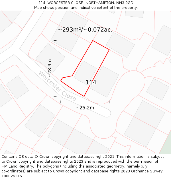 114, WORCESTER CLOSE, NORTHAMPTON, NN3 9GD: Plot and title map