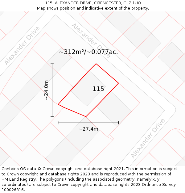 115, ALEXANDER DRIVE, CIRENCESTER, GL7 1UQ: Plot and title map