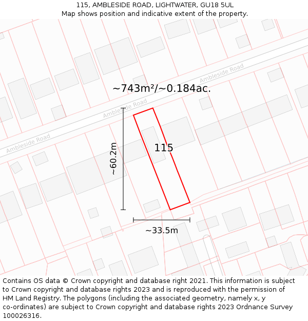 115, AMBLESIDE ROAD, LIGHTWATER, GU18 5UL: Plot and title map