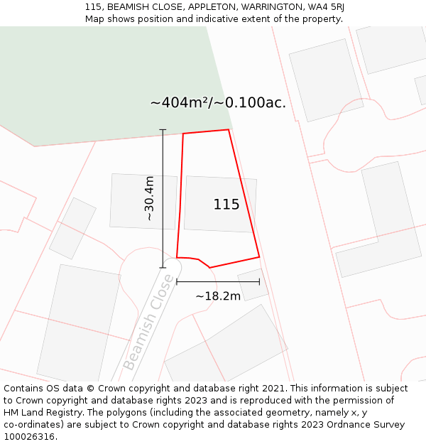 115, BEAMISH CLOSE, APPLETON, WARRINGTON, WA4 5RJ: Plot and title map