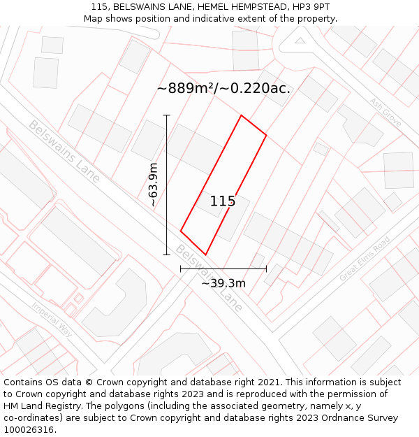 115, BELSWAINS LANE, HEMEL HEMPSTEAD, HP3 9PT: Plot and title map