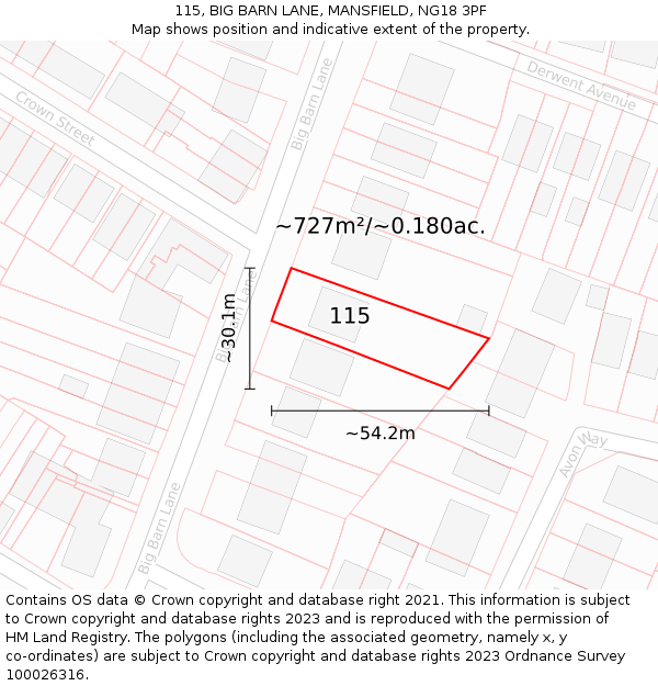 115, BIG BARN LANE, MANSFIELD, NG18 3PF: Plot and title map