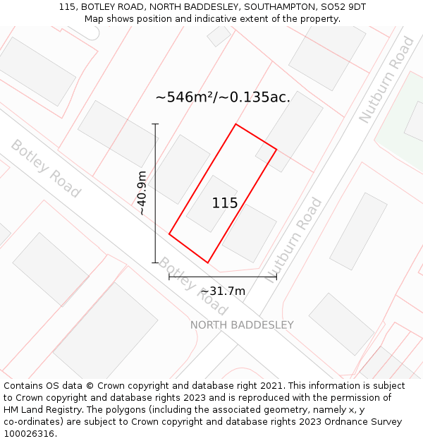 115, BOTLEY ROAD, NORTH BADDESLEY, SOUTHAMPTON, SO52 9DT: Plot and title map