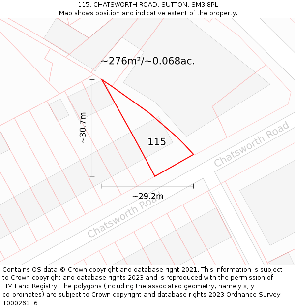 115, CHATSWORTH ROAD, SUTTON, SM3 8PL: Plot and title map