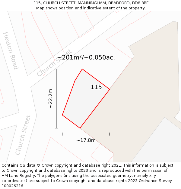 115, CHURCH STREET, MANNINGHAM, BRADFORD, BD8 8RE: Plot and title map