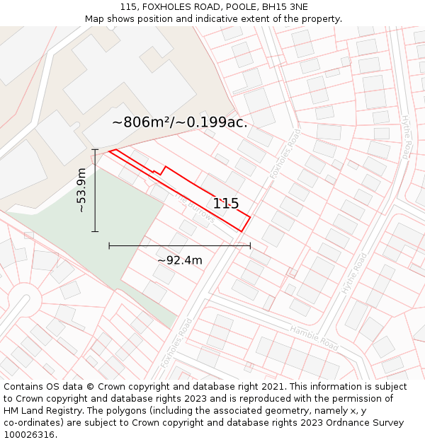 115, FOXHOLES ROAD, POOLE, BH15 3NE: Plot and title map