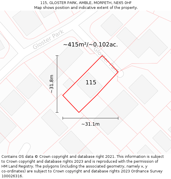 115, GLOSTER PARK, AMBLE, MORPETH, NE65 0HF: Plot and title map