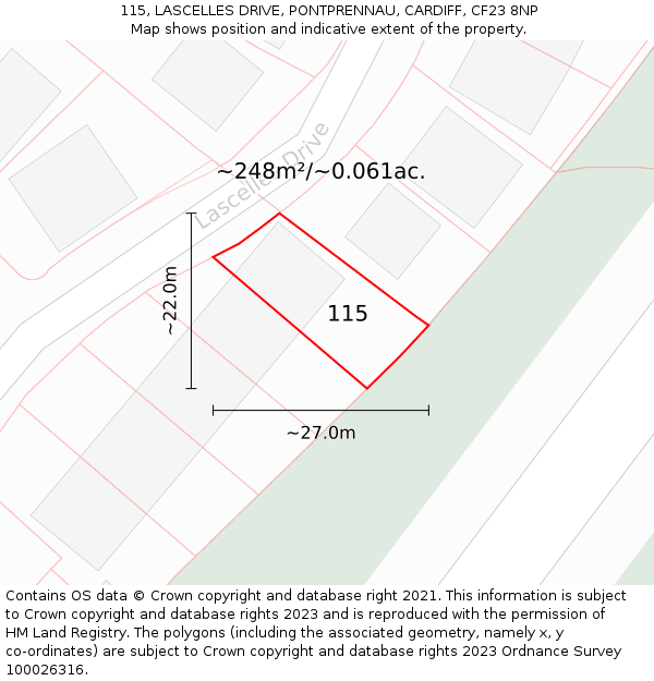 115, LASCELLES DRIVE, PONTPRENNAU, CARDIFF, CF23 8NP: Plot and title map