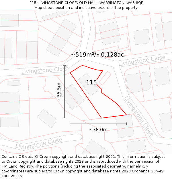 115, LIVINGSTONE CLOSE, OLD HALL, WARRINGTON, WA5 8QB: Plot and title map