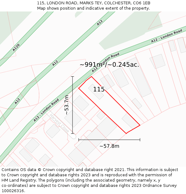 115, LONDON ROAD, MARKS TEY, COLCHESTER, CO6 1EB: Plot and title map