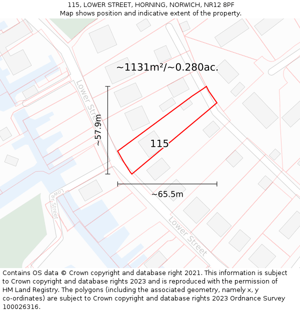 115, LOWER STREET, HORNING, NORWICH, NR12 8PF: Plot and title map