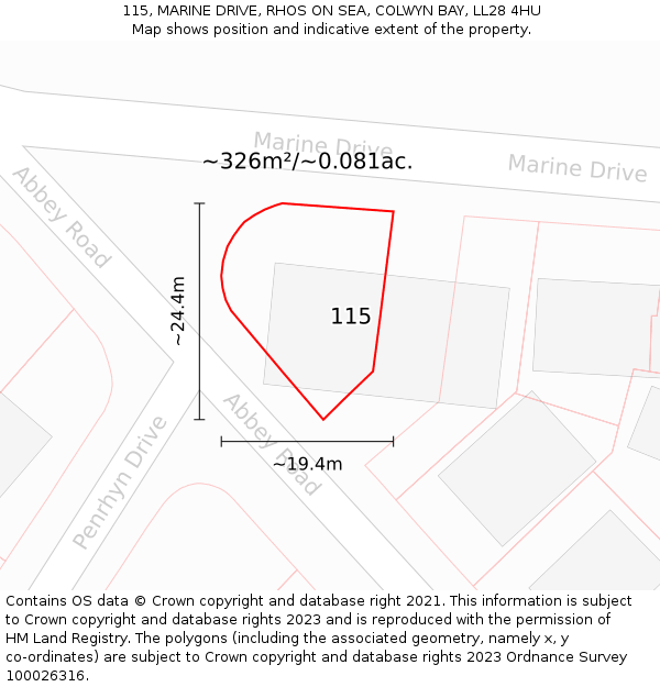 115, MARINE DRIVE, RHOS ON SEA, COLWYN BAY, LL28 4HU: Plot and title map