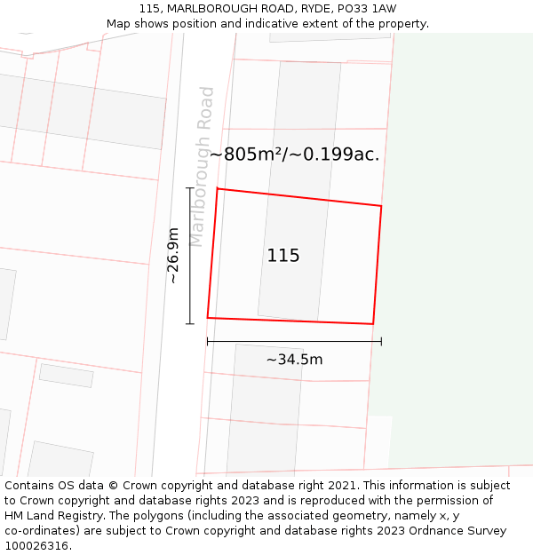 115, MARLBOROUGH ROAD, RYDE, PO33 1AW: Plot and title map