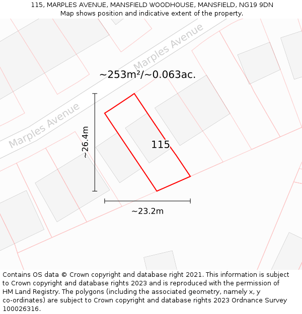 115, MARPLES AVENUE, MANSFIELD WOODHOUSE, MANSFIELD, NG19 9DN: Plot and title map