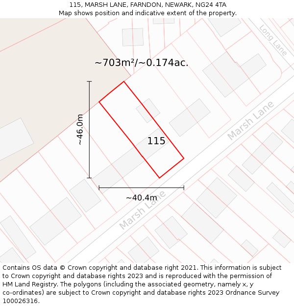 115, MARSH LANE, FARNDON, NEWARK, NG24 4TA: Plot and title map