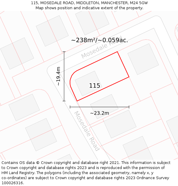 115, MOSEDALE ROAD, MIDDLETON, MANCHESTER, M24 5GW: Plot and title map