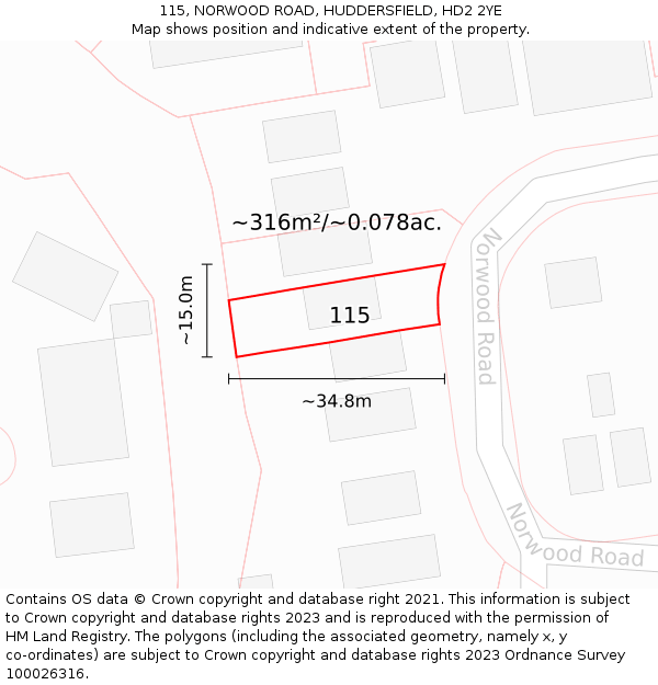 115, NORWOOD ROAD, HUDDERSFIELD, HD2 2YE: Plot and title map