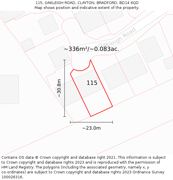 115, OAKLEIGH ROAD, CLAYTON, BRADFORD, BD14 6QD: Plot and title map