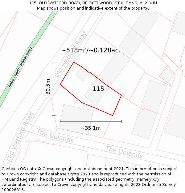 115, OLD WATFORD ROAD, BRICKET WOOD, ST ALBANS, AL2 3UN: Plot and title map