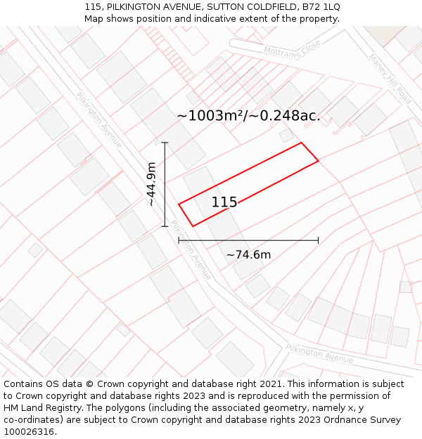 115, PILKINGTON AVENUE, SUTTON COLDFIELD, B72 1LQ: Plot and title map