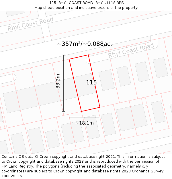 115, RHYL COAST ROAD, RHYL, LL18 3PS: Plot and title map