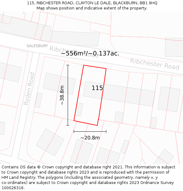 115, RIBCHESTER ROAD, CLAYTON LE DALE, BLACKBURN, BB1 9HQ: Plot and title map