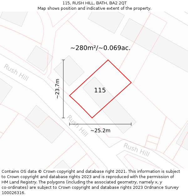 115, RUSH HILL, BATH, BA2 2QT: Plot and title map