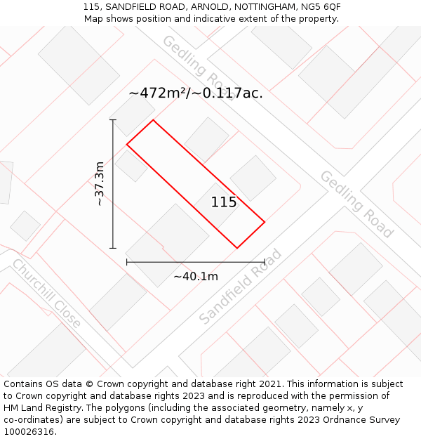 115, SANDFIELD ROAD, ARNOLD, NOTTINGHAM, NG5 6QF: Plot and title map