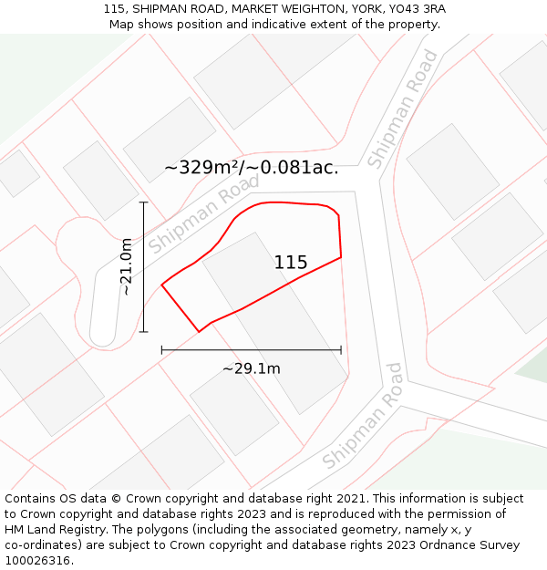 115, SHIPMAN ROAD, MARKET WEIGHTON, YORK, YO43 3RA: Plot and title map