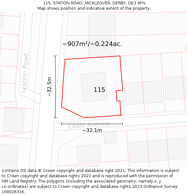 115, STATION ROAD, MICKLEOVER, DERBY, DE3 9FN: Plot and title map