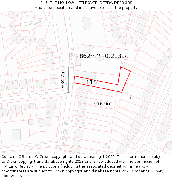 115, THE HOLLOW, LITTLEOVER, DERBY, DE23 3BS: Plot and title map