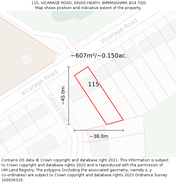 115, VICARAGE ROAD, KINGS HEATH, BIRMINGHAM, B14 7QG: Plot and title map