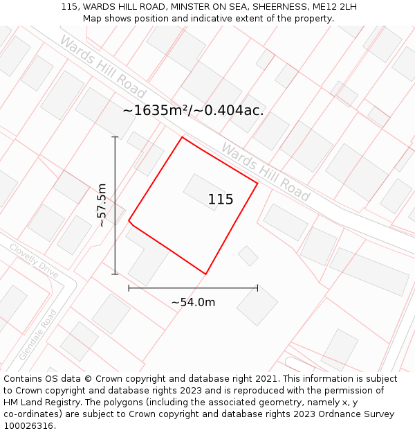 115, WARDS HILL ROAD, MINSTER ON SEA, SHEERNESS, ME12 2LH: Plot and title map