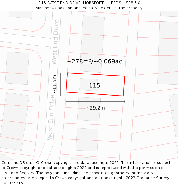 115, WEST END DRIVE, HORSFORTH, LEEDS, LS18 5JX: Plot and title map