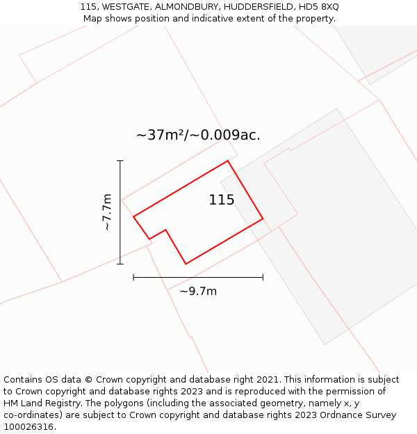 115, WESTGATE, ALMONDBURY, HUDDERSFIELD, HD5 8XQ: Plot and title map