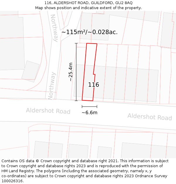 116, ALDERSHOT ROAD, GUILDFORD, GU2 8AQ: Plot and title map