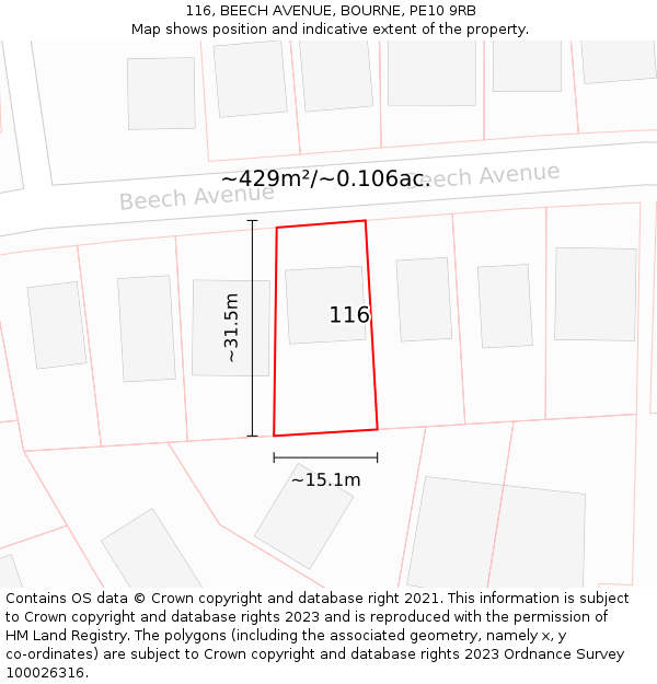 116, BEECH AVENUE, BOURNE, PE10 9RB: Plot and title map