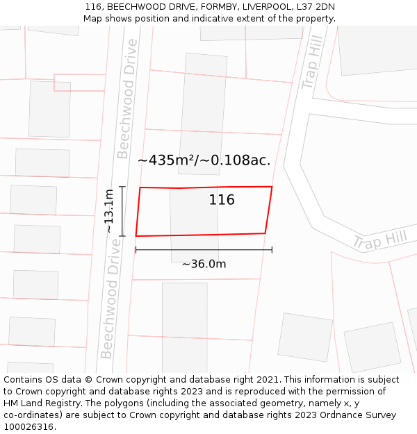 116, BEECHWOOD DRIVE, FORMBY, LIVERPOOL, L37 2DN: Plot and title map