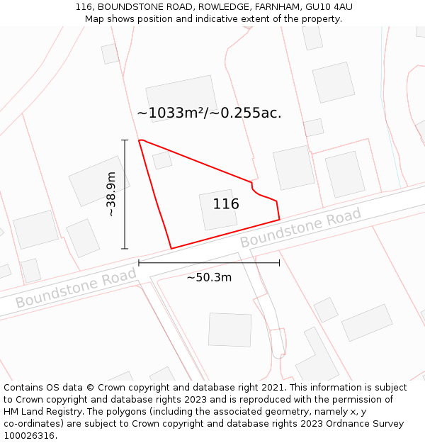 116, BOUNDSTONE ROAD, ROWLEDGE, FARNHAM, GU10 4AU: Plot and title map