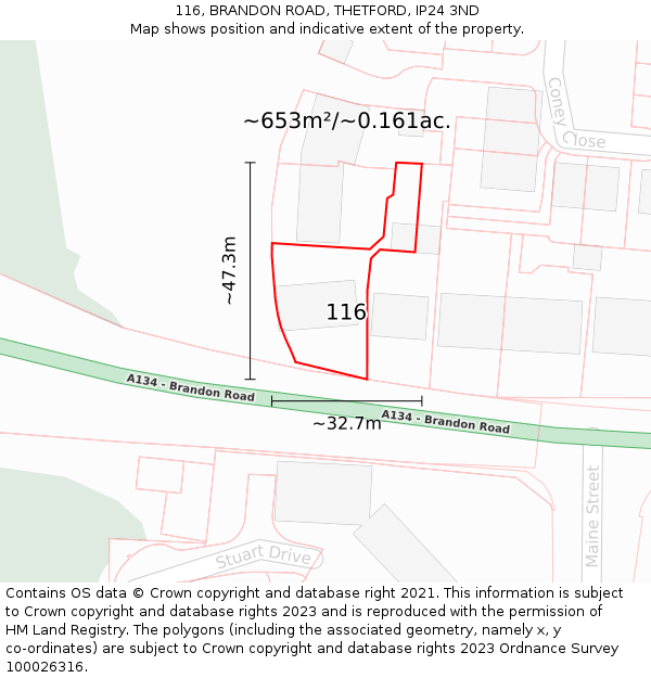 116, BRANDON ROAD, THETFORD, IP24 3ND: Plot and title map