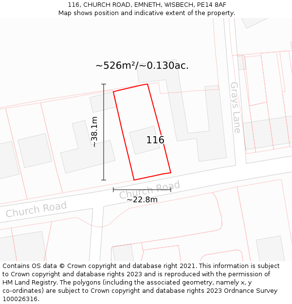 116, CHURCH ROAD, EMNETH, WISBECH, PE14 8AF: Plot and title map