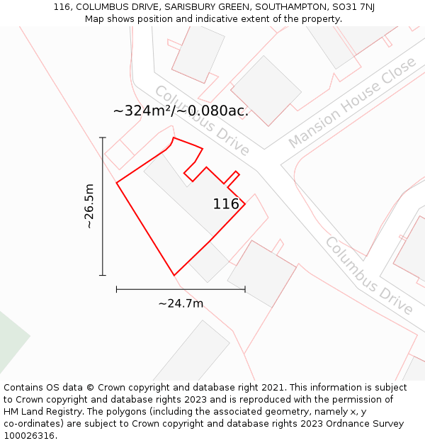 116, COLUMBUS DRIVE, SARISBURY GREEN, SOUTHAMPTON, SO31 7NJ: Plot and title map