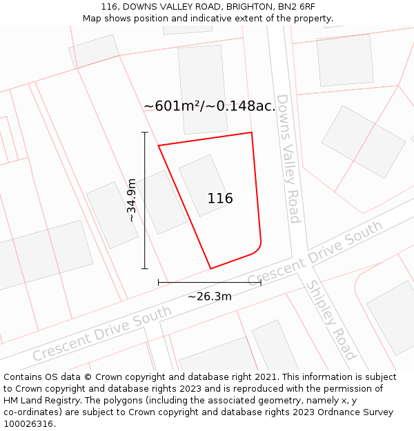 116, DOWNS VALLEY ROAD, BRIGHTON, BN2 6RF: Plot and title map