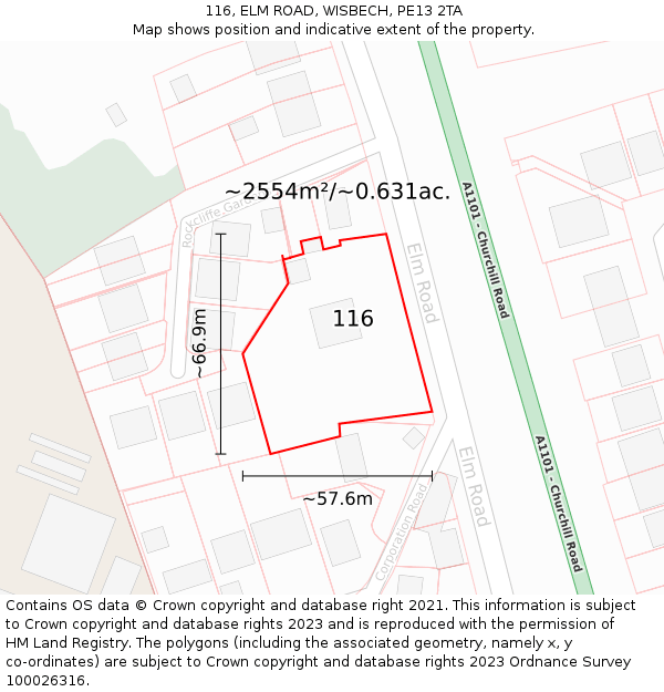 116, ELM ROAD, WISBECH, PE13 2TA: Plot and title map