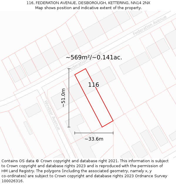 116, FEDERATION AVENUE, DESBOROUGH, KETTERING, NN14 2NX: Plot and title map