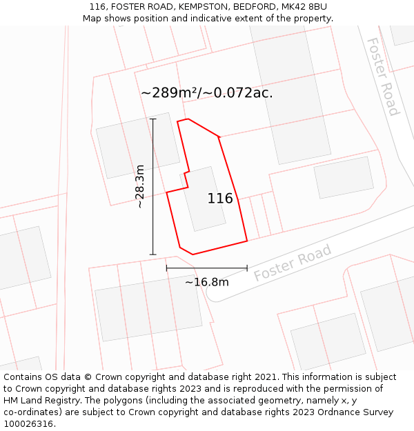 116, FOSTER ROAD, KEMPSTON, BEDFORD, MK42 8BU: Plot and title map