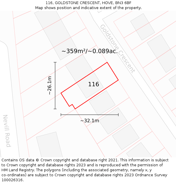 116, GOLDSTONE CRESCENT, HOVE, BN3 6BF: Plot and title map